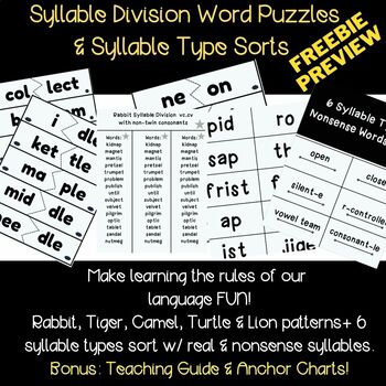 Preview of FREEBIE PREVIEW: Syllable Division Word Puzzles & Syllable Sorts + MORE