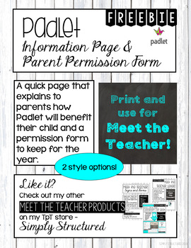Preview of FREEBIE Padlet Informational Page and Permission Form