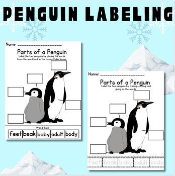 Preview of FREEBIE! Penguin Labeling- Penguin Facts, Tracing, Cut and Glue Fine Motor