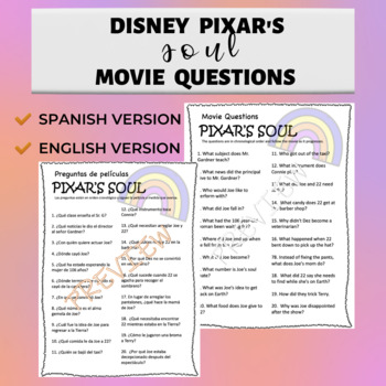 Preview of FREEBIE | Pixar's SOUL Movie Questions | Printable + ENGLISH & SPANISH