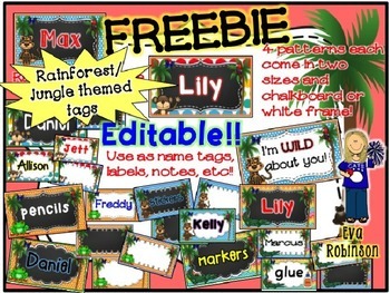 Preview of FREEBIE- Rainforest/Jungle themed EDITABLE tags!
