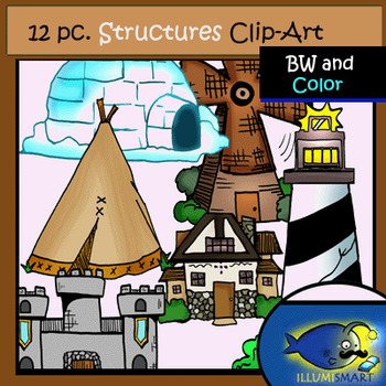 Preview of Structures Clip-Art Set-6 b&w, 6 Color