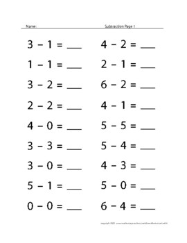 Preview of FREEBIE-  Subtraction worksheets for K-2nd graders-  5 free printable worksheets
