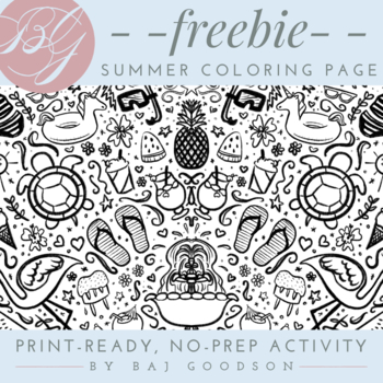 Preview of FREEBIE | Summer Coloring Sheet | B&W Hand Drawn 1 Page No Prep Print Ready