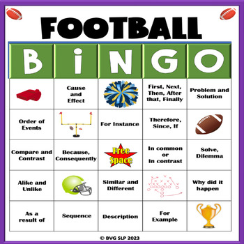 FREEBIE Text Structures Football BINGO - PRINTABLE or DIGITAL by BVG SLP