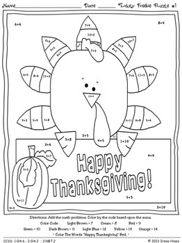 FREEBIE Thanksgiving Seasonal Math Printables Color By The ...
