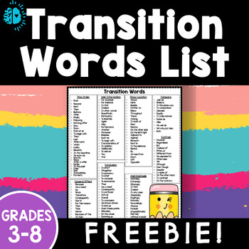 Preview of FREEBIE Transition Word List | Mini Anchor Chart | Writing CCSS W1c W2c W3c