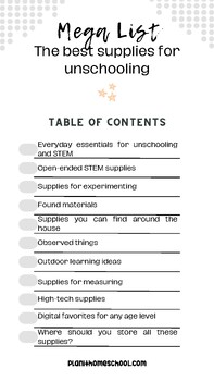 Preview of FREEBIE Unschooling Supplies List for All Ages