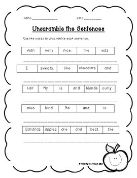 freebie unscramble the sentences by teaching in a teacup