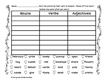 Preview of FREEBIE Valentine's Day parts of speech sorting activity