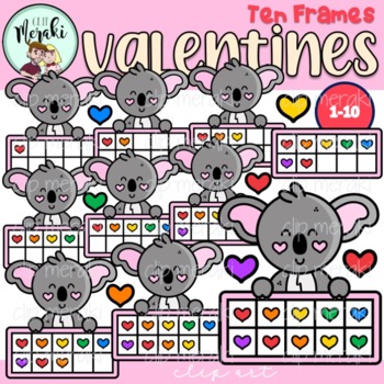 Preview of FREEBIE Valentines Koala Hearts Ten Frames Clip Art. Corazones de San Valentín.