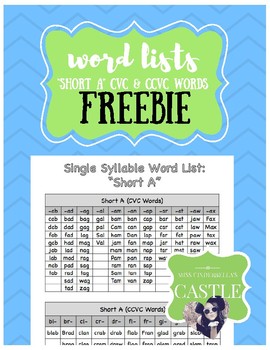 Preview of FREEBIE Word Lists: Short A, CVC & CCVC Words
