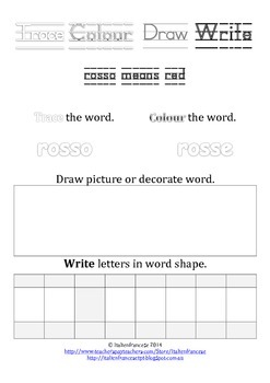 Preview of FREEBIE sample of 100 sight words: trace, colour, draw, write in Italian