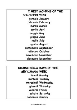 Preview of FREEBIE sample of vocab list in themes in Italian