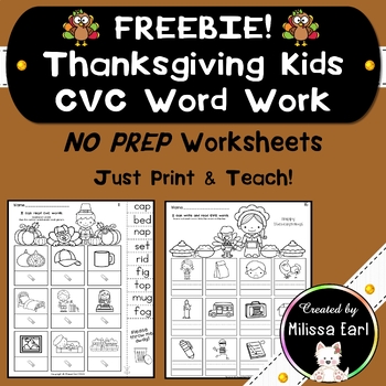 Preview of FREEBIES! Thanksgiving Kids CVC Activity Sheets Phonics Worksheets Reading