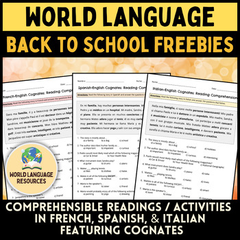 Preview of World Language Back to School Freebies - French, Spanish, Italian Cognates