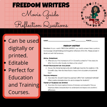Preview of FREEDOM WRITERS Reflection Questions/Movie Guide (IPET)