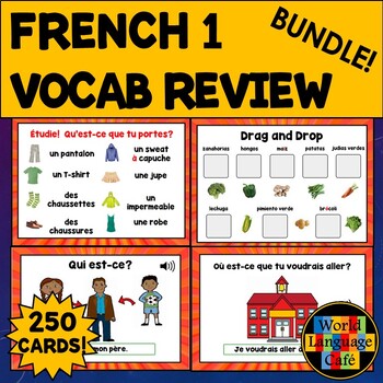 Preview of FRENCH 1 REVIEW BOOM CARDS BUNDLE ⭐ French 1 Sub Plans Final Exam Vocab Review