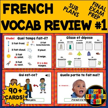 Preview of FRENCH 1 REVIEW BOOM CARDS ⭐ Part 1 ⭐ French 1 Vocabulary Final Exam Review
