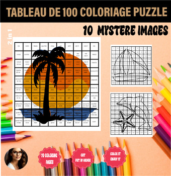 Preview of FRENCH 100s CHART COLORING  PUZZLE TABLEAU DE CENT COLORIAGE ETE MYSTERE