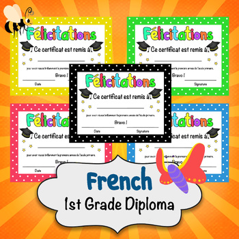 Preview of FRENCH 1st Grade Diploma, Editable & Printable Teal Graduation Certificate.