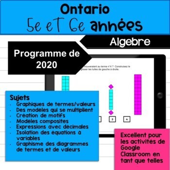 Preview of FRENCH 5ème/6ème Modélisation et algèbre (mathématiques Ontario 2020)