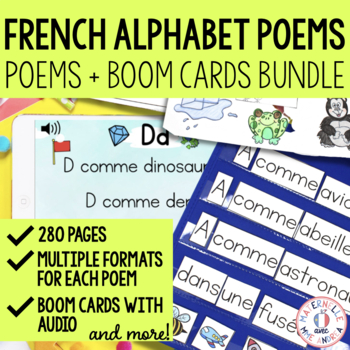 Preview of FRENCH Alphabet Vocabulary Pocket Chart Poems + Boom Cards Practice BUNDLE