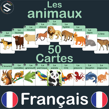 Preview of FRENCH Animals Vocabulary Flash Cards, (LES ANIMAUX) With 50 Names And Images.