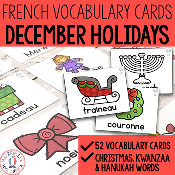 Preview of FRENCH Christmas / December Holiday Vocabulary Cards - Noël, Kwanzaa, Hanoukka