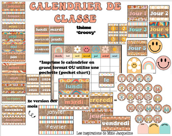 Preview of FRENCH Classroom Calendar Groovy Retro/Calendrier de classe