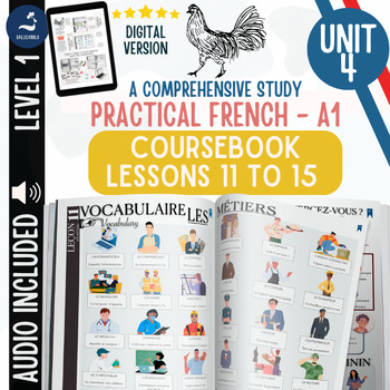 Preview of Beginner French coursebook jobs workplaces grammar verbs daily activities audio