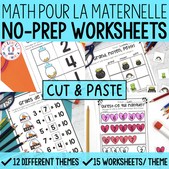 Preview of FRENCH Worksheets - Cut & Paste No Prep Math Worksheets BUNDLE - maternelle