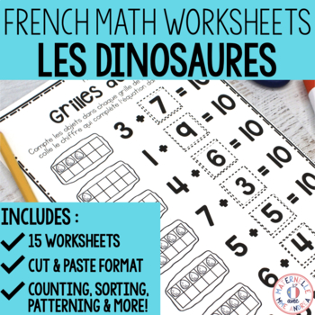 Preview of FRENCH Dinosaur No Prep Math Worksheets - Cut & Paste (les dinosaures)