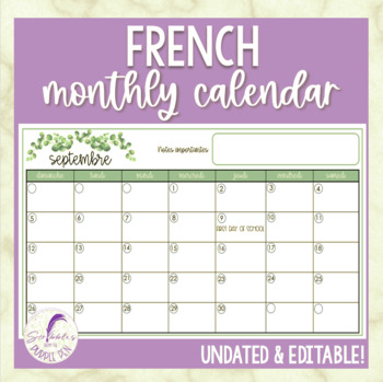 Preview of French Editable Monthly Calendar (Undated)