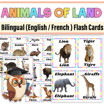 Preview of Animals of Land Bilingual (English/French ) Flash Cards| Animals of Land Poster