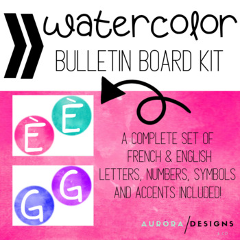 Preview of FRENCH & ENGLISH Complete set Rainbow Watercolor Circles Bulletin Board Kit