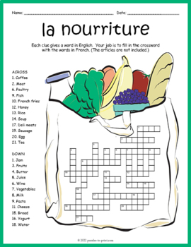 Preview of FRENCH FOOD Vocabulary Crossword Puzzle Worksheet Activity - La Nourriture