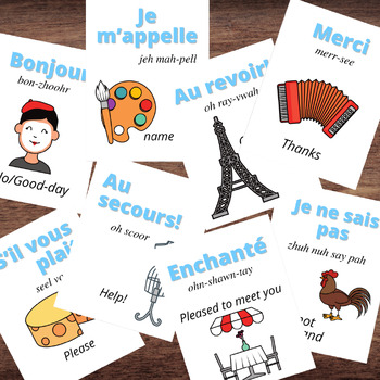 Preview of FRENCH France Language Phrase Flash Cards Illustrated w/Pronunciations *Color*
