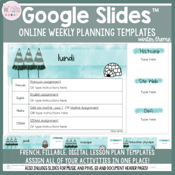 Preview of FRENCH Google Slides™ Online Weekly Planning Templates - Winter