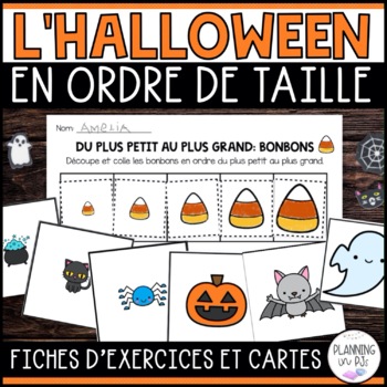 Preview of FRENCH Halloween Size Ordering | Order by Size Math Centers | Cut and Glue