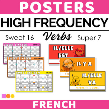 Preview of FRENCH High Frequency Verbs Bundle Pack - Super 7 & Sweet Sixteen Class Decor