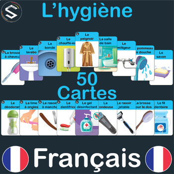 Preview of FRENCH Body Hygiene Vocabulary Montessori Flashcards - L'hygiène: (9x6cm)