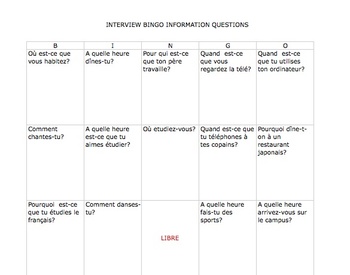 Preview of FRENCH Interview Bingo  Information Questions
