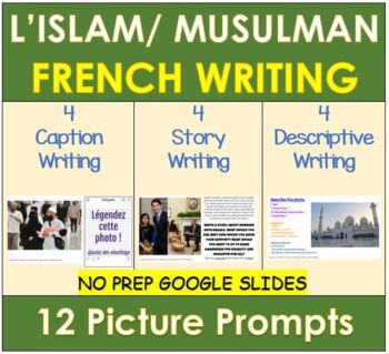 Preview of FRENCH Islamic Heritage Muslim Writing Prompts with Pictures | Distance Learning