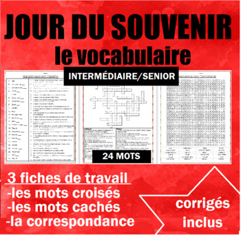 Preview of FRENCH Jour du Souvenir Vocabulaire INTERMÉDIAIRE - Remembrance Day Worksheets