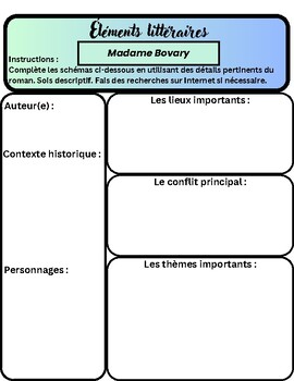 Preview of FRENCH Literary Elements worksheet - Madame Bovary