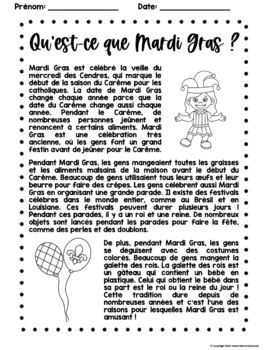 FRENCH Mardi Gras Reading Comprehension and Activity Book