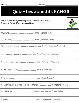 Preview of FRENCH QUIZ - Les adjectifs BANGS
