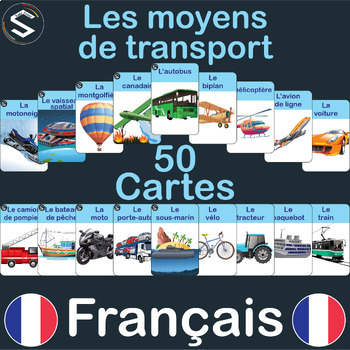 Preview of FRENCH "TRANSPORT" Vocabulary Flash Cards, (Les moyens de transport). (9x6cm)