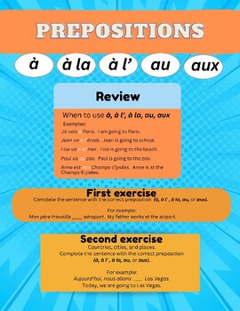 Preview of FRENCH The prepositions à, à l', à la, au, aux, review worksheet practice lesson